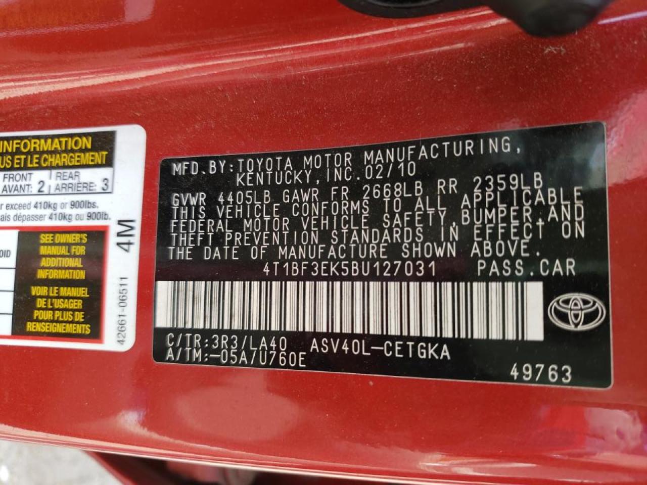 Photo 10 from auction – 2011 TOYOTA CAMRY BASE with VIN 4T1BF3EK5BU127031