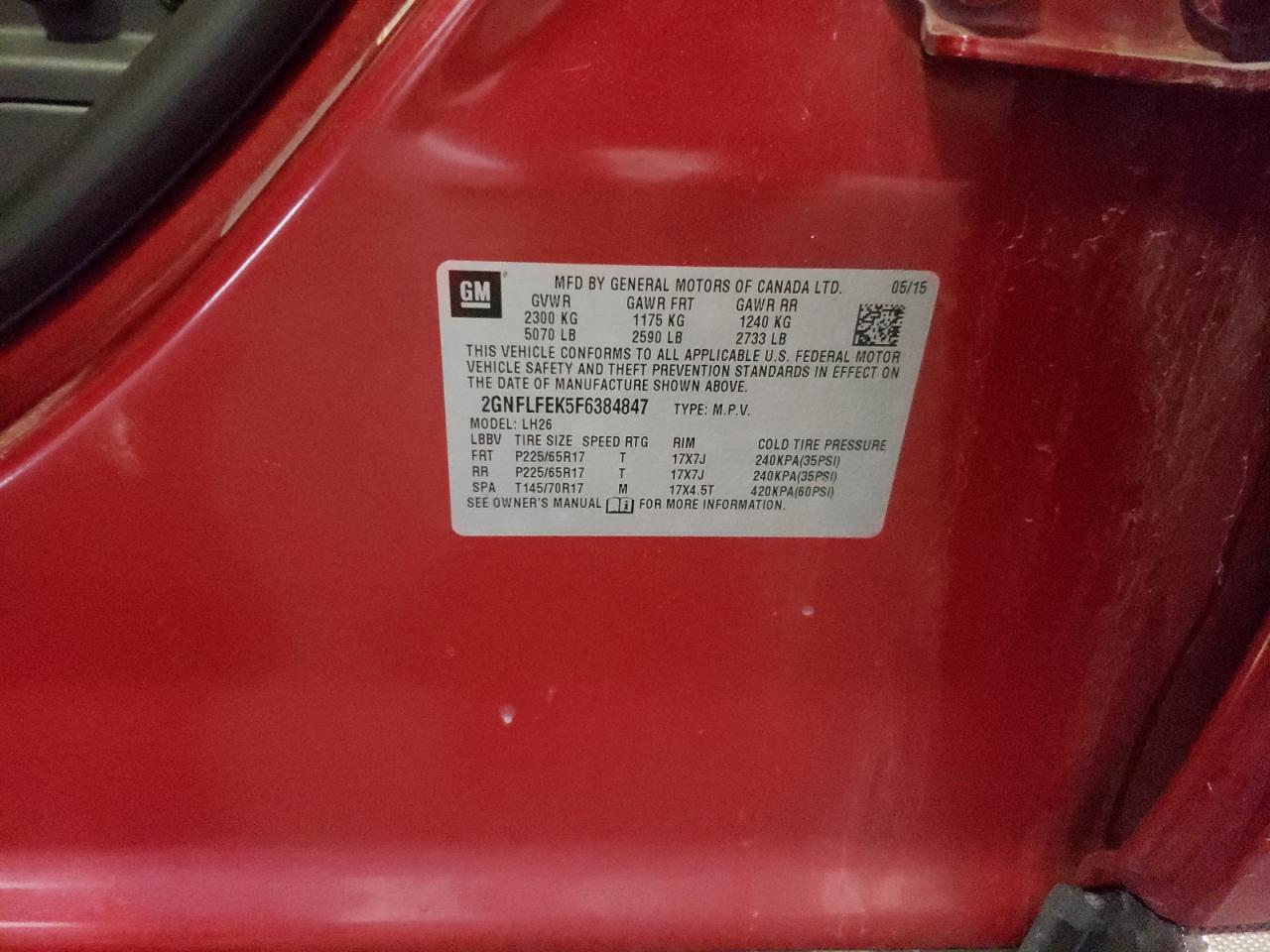 Photo 10 from auction – 2015 CHEVROLET EQUINOX LT with VIN 2GNFLFEK5F6384847
