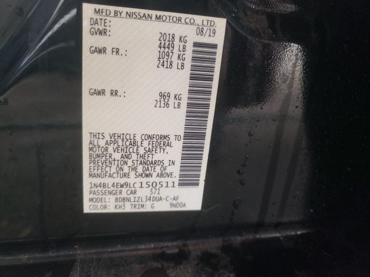 Photo 10 from auction – 2020 NISSAN ALTIMA SL with VIN 1N4BL4EW9LC150511