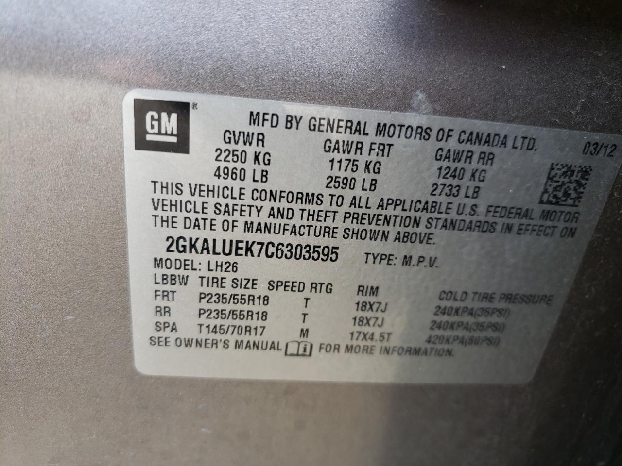 Photo 10 from auction – 2012 GMC TERRAIN SL with VIN 2GKALUEK7C6303595