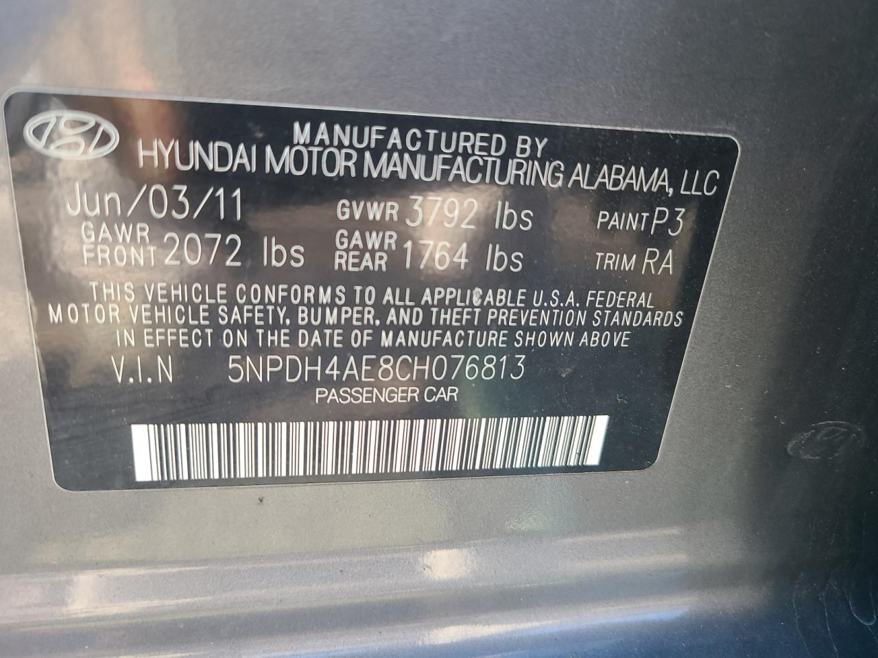 Photo 10 from auction – 2012 HYUNDAI ELANTRA GL with VIN 5NPDH4AE8CH076813