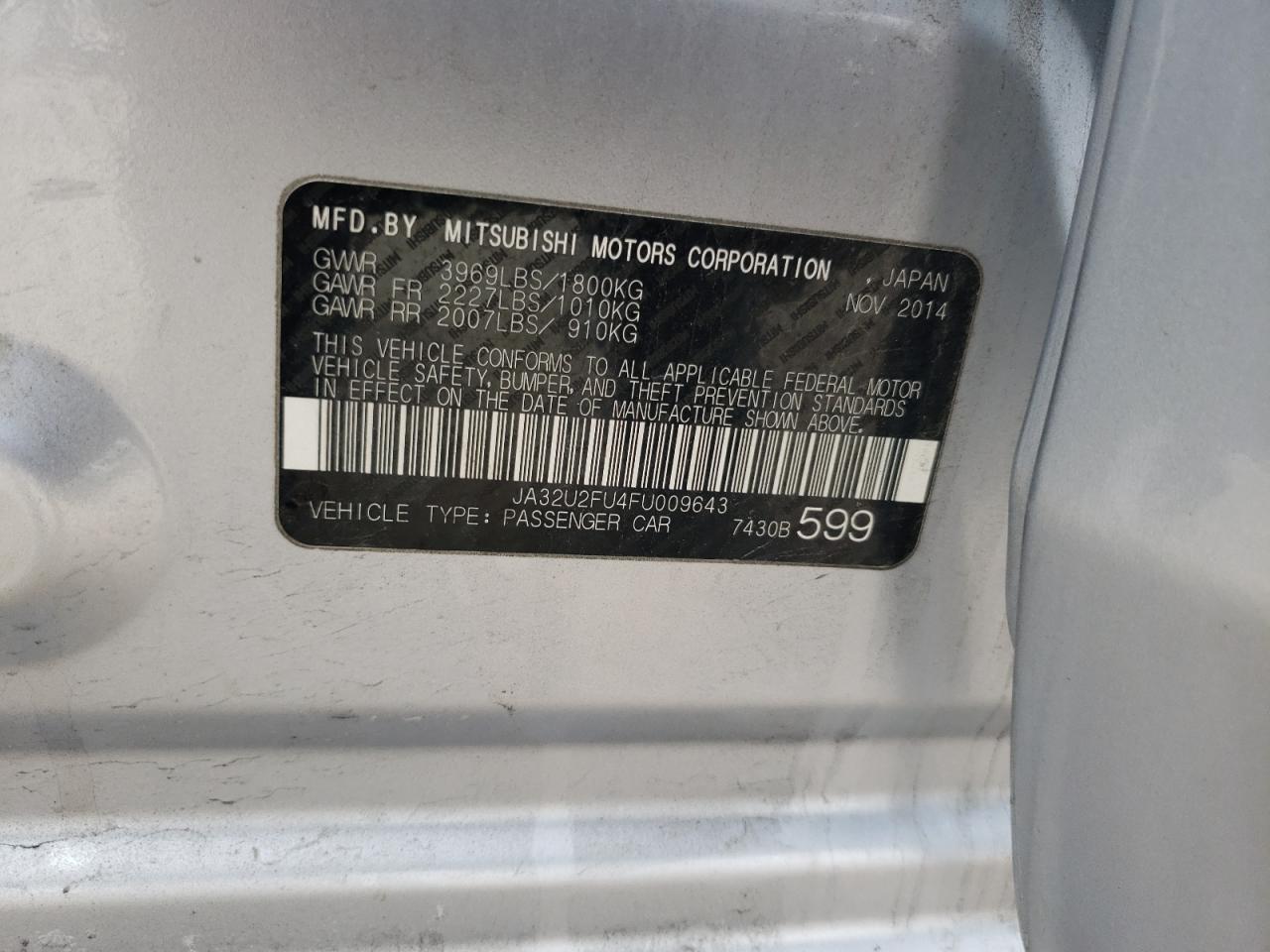 Photo 10 from auction – 2015 MITSUBISHI LANCER ES with VIN JA32U2FU4FU009643