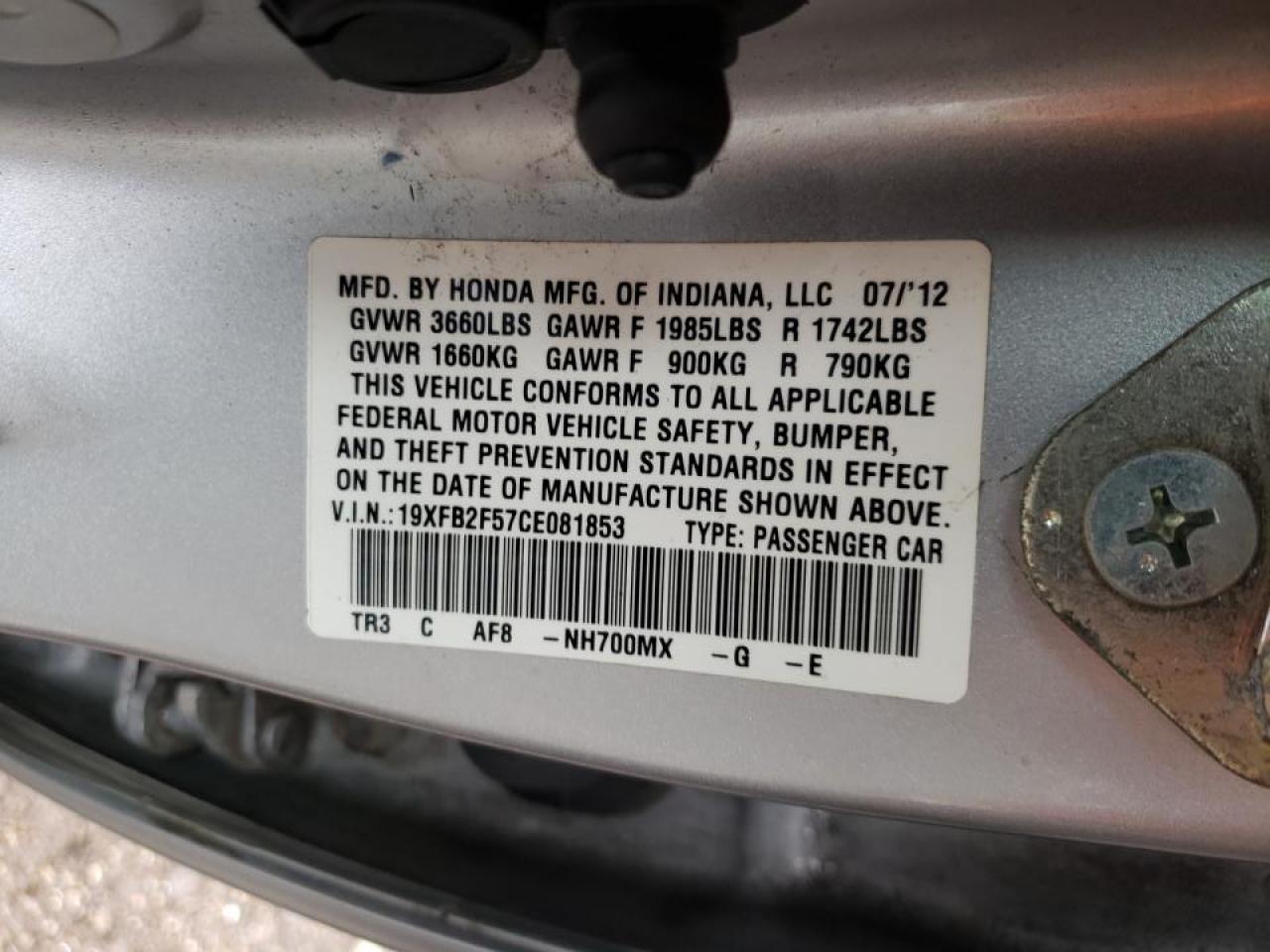 Photo 10 from auction – 2012 HONDA CIVIC LX with VIN 19XFB2F57CE081853