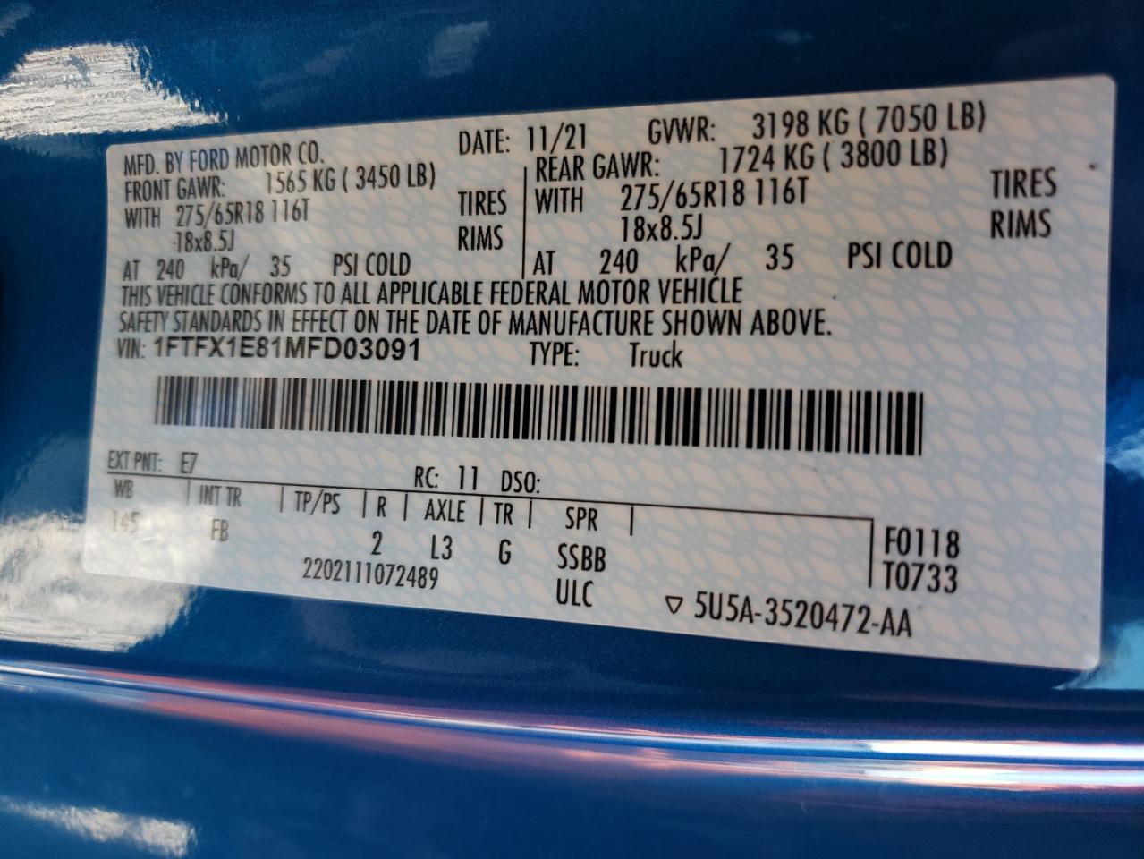 Photo 10 from auction – 2021 FORD F150 SUPER with VIN 1FTFX1E81MFD03091