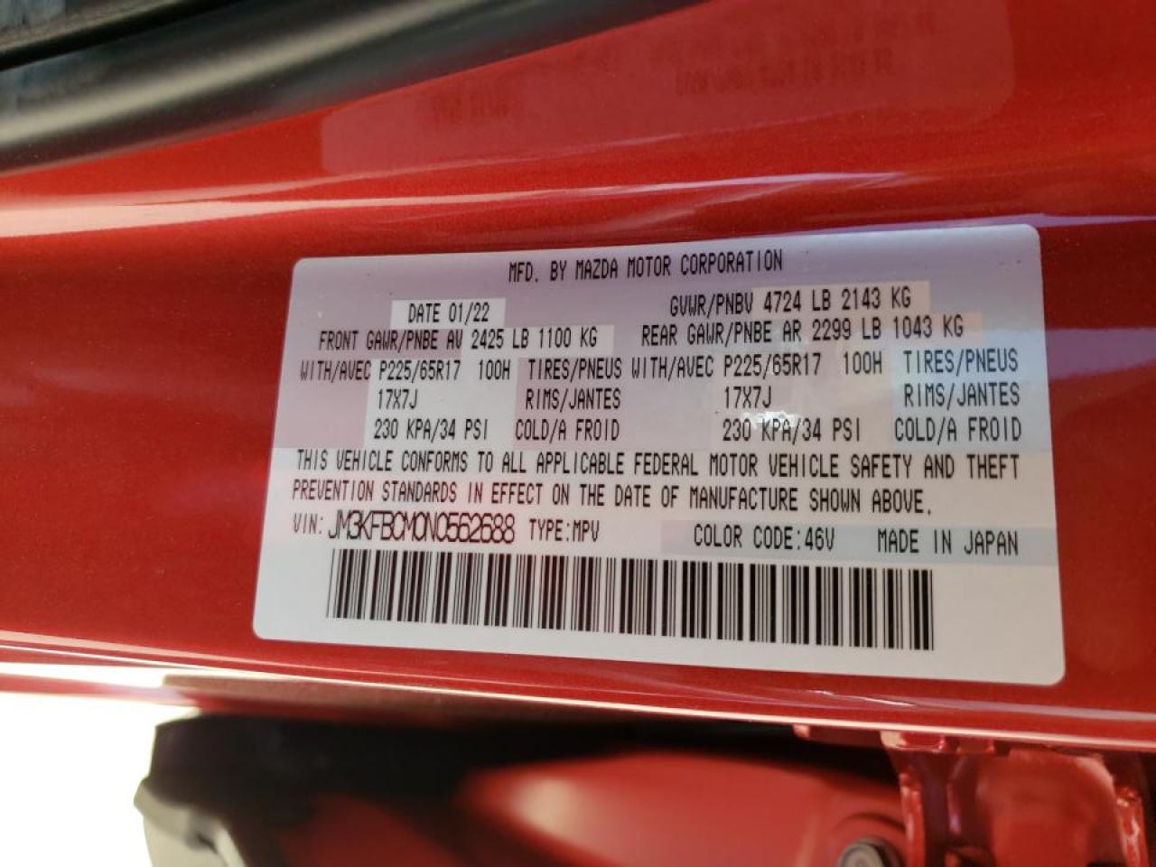 Photo 10 from auction – 2022 MAZDA CX-5 with VIN JM3KFBCM0N0562688