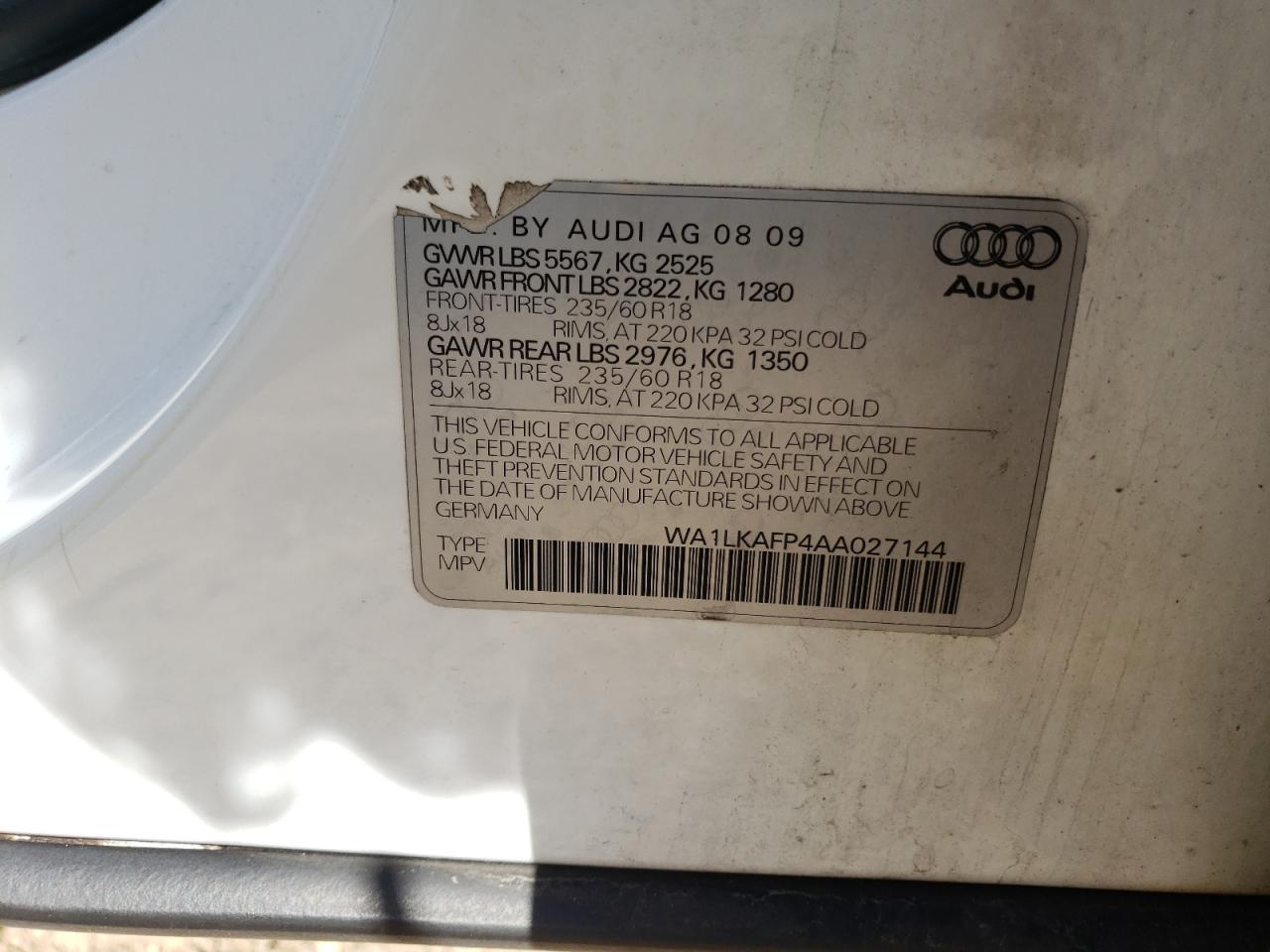 Photo 10 from auction – 2010 AUDI Q5 PREMIUM with VIN WA1LKAFP4AA027144