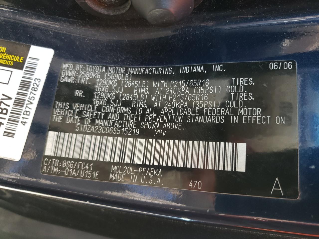 Photo 10 from auction – 2006 TOYOTA SIENNA CE with VIN 5TDZA23C06S515219