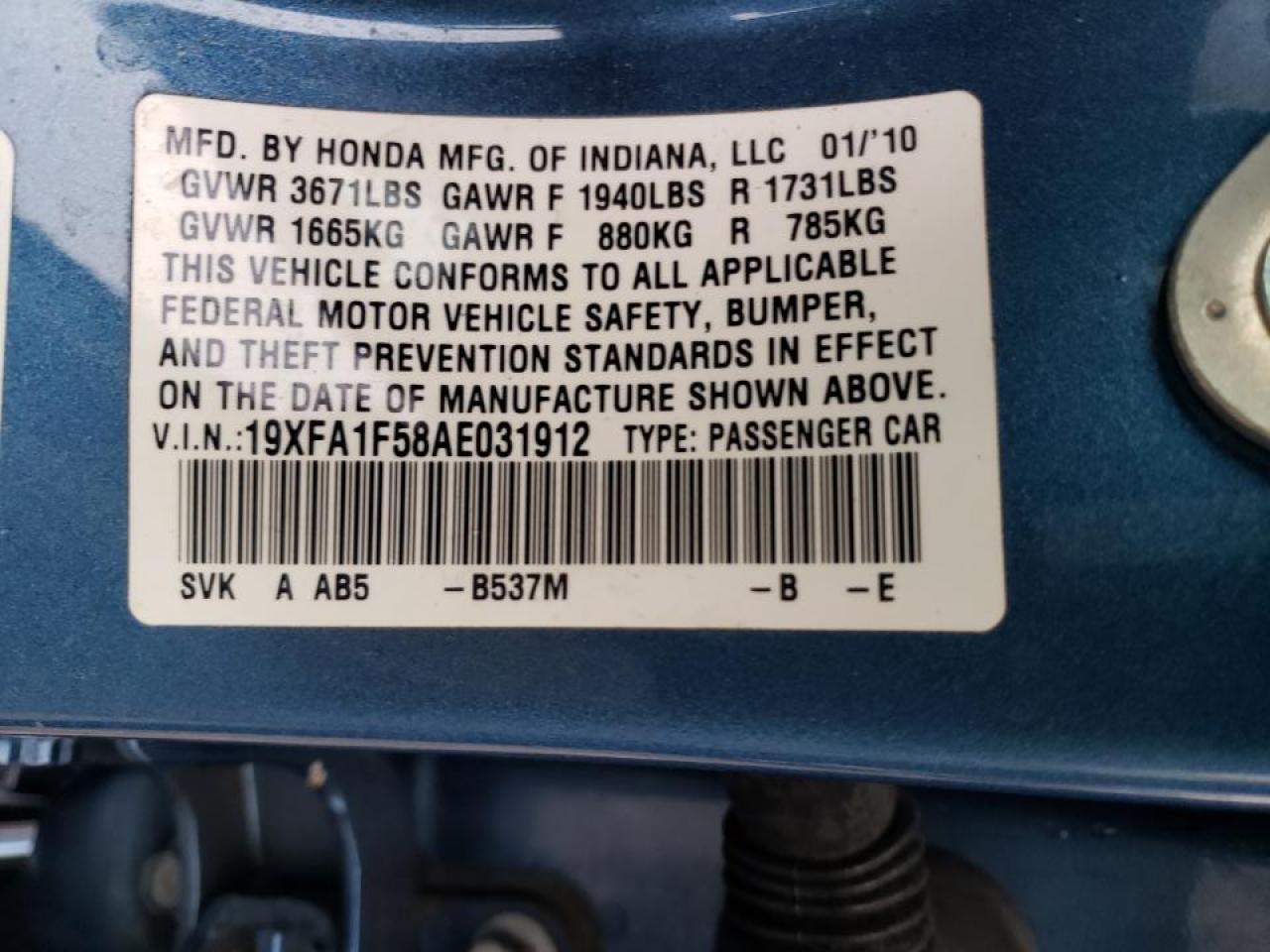 Photo 10 from auction – 2010 HONDA CIVIC LX with VIN 19XFA1F58AE031912