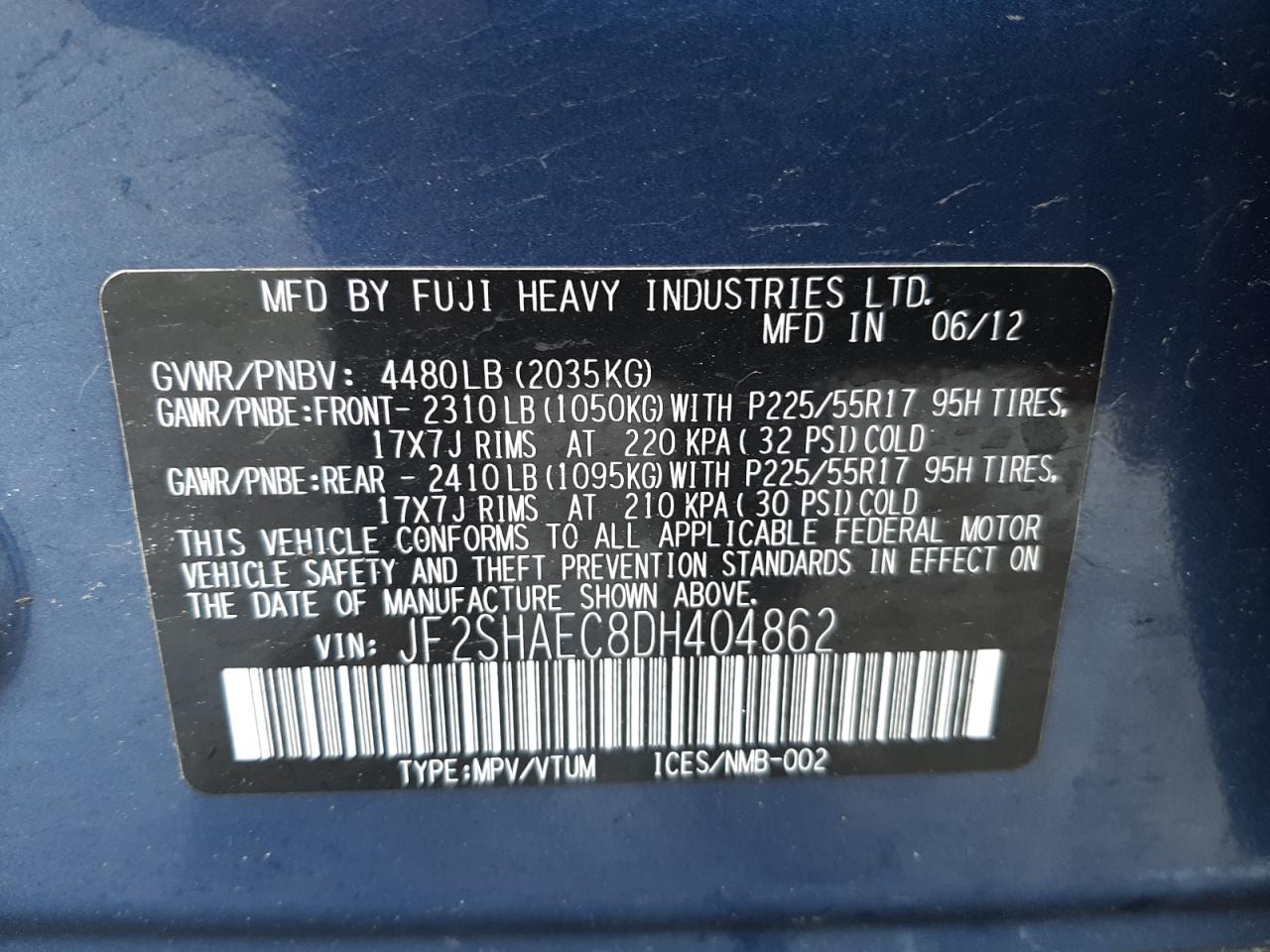 Photo 10 from auction – 2013 SUBARU FORESTER L with VIN JF2SHAEC8DH404862