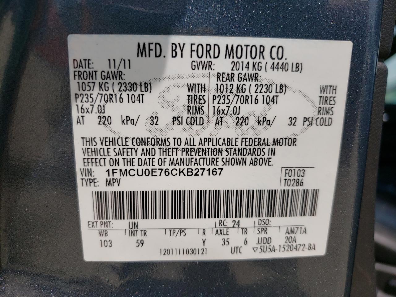 Photo 10 from auction – 2012 FORD ESCAPE LIM with VIN 1FMCU0E76CKB27167