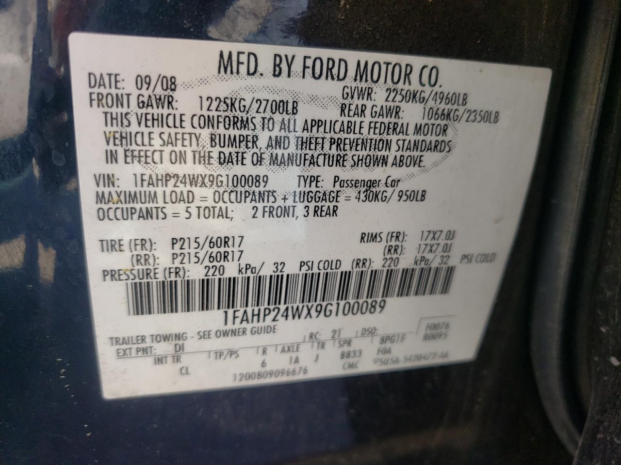 Photo 10 from auction – 2009 FORD TAURUS SEL with VIN 1FAHP24WX9G100089