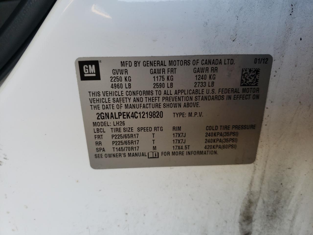 Photo 10 from auction – 2012 CHEVROLET EQUINOX LT with VIN 2GNALPEK4C1219820