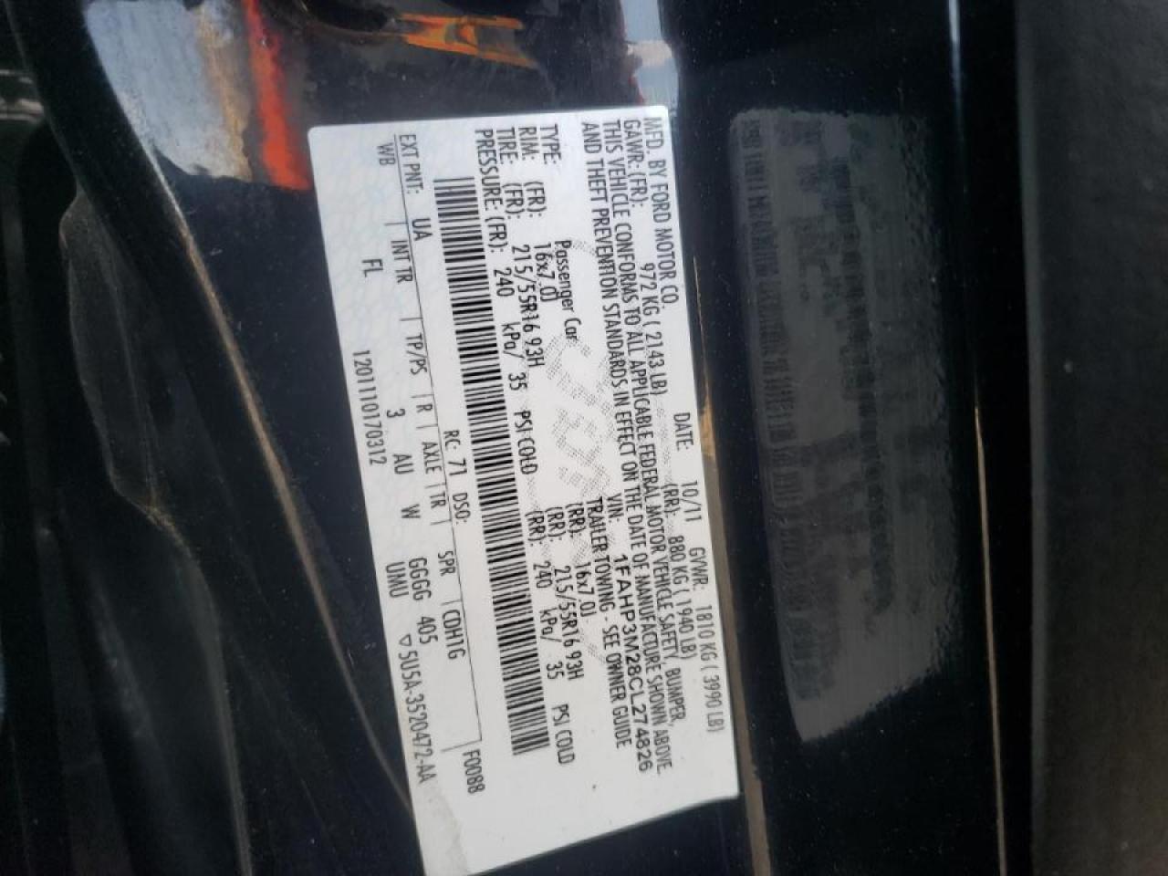Photo 10 from auction – 2012 FORD FOCUS SEL with VIN 1FAHP3M28CL274826