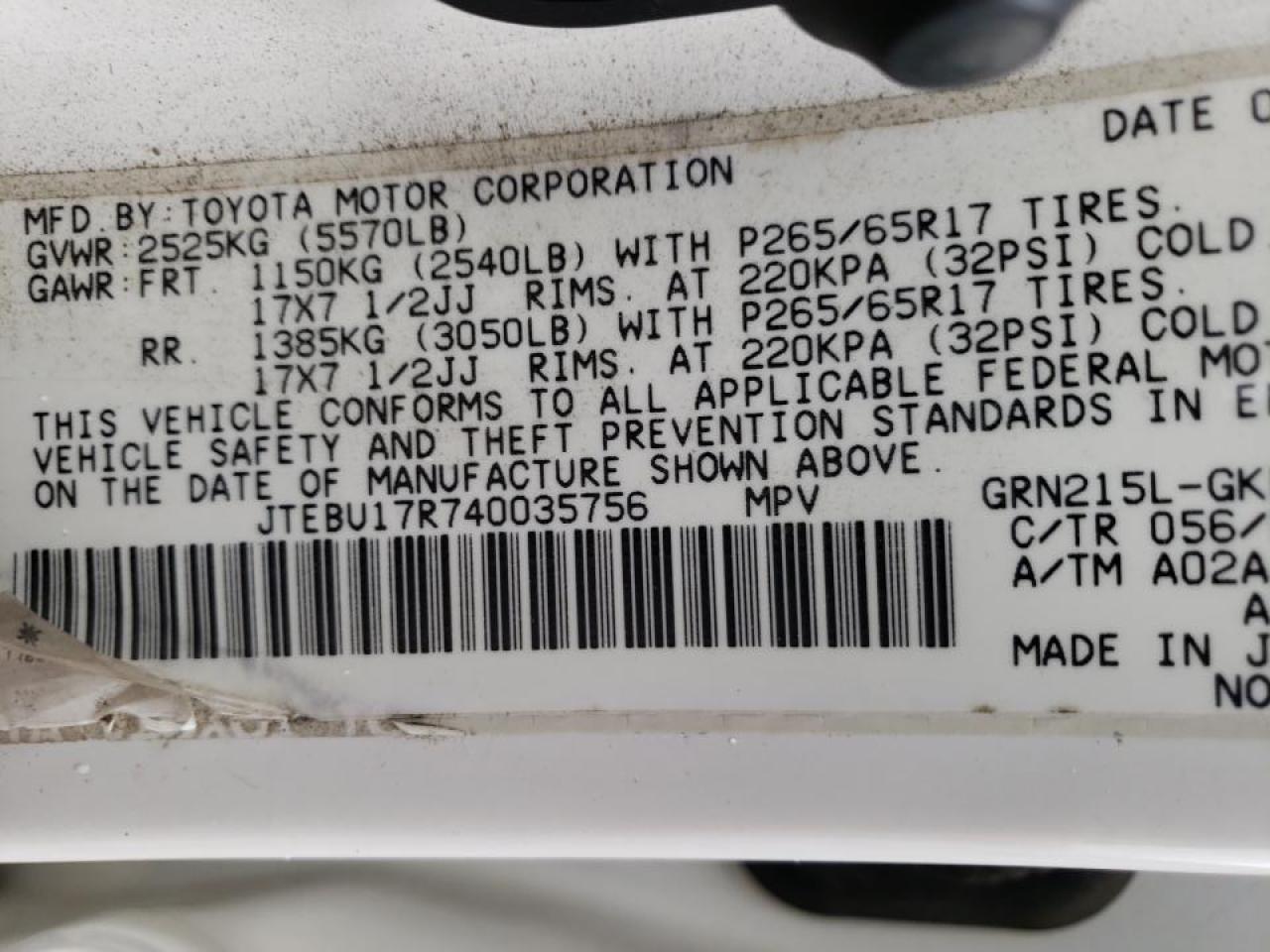 Photo 10 from auction – 2004 TOYOTA 4RUNNER LI with VIN JTEBU17R740035756