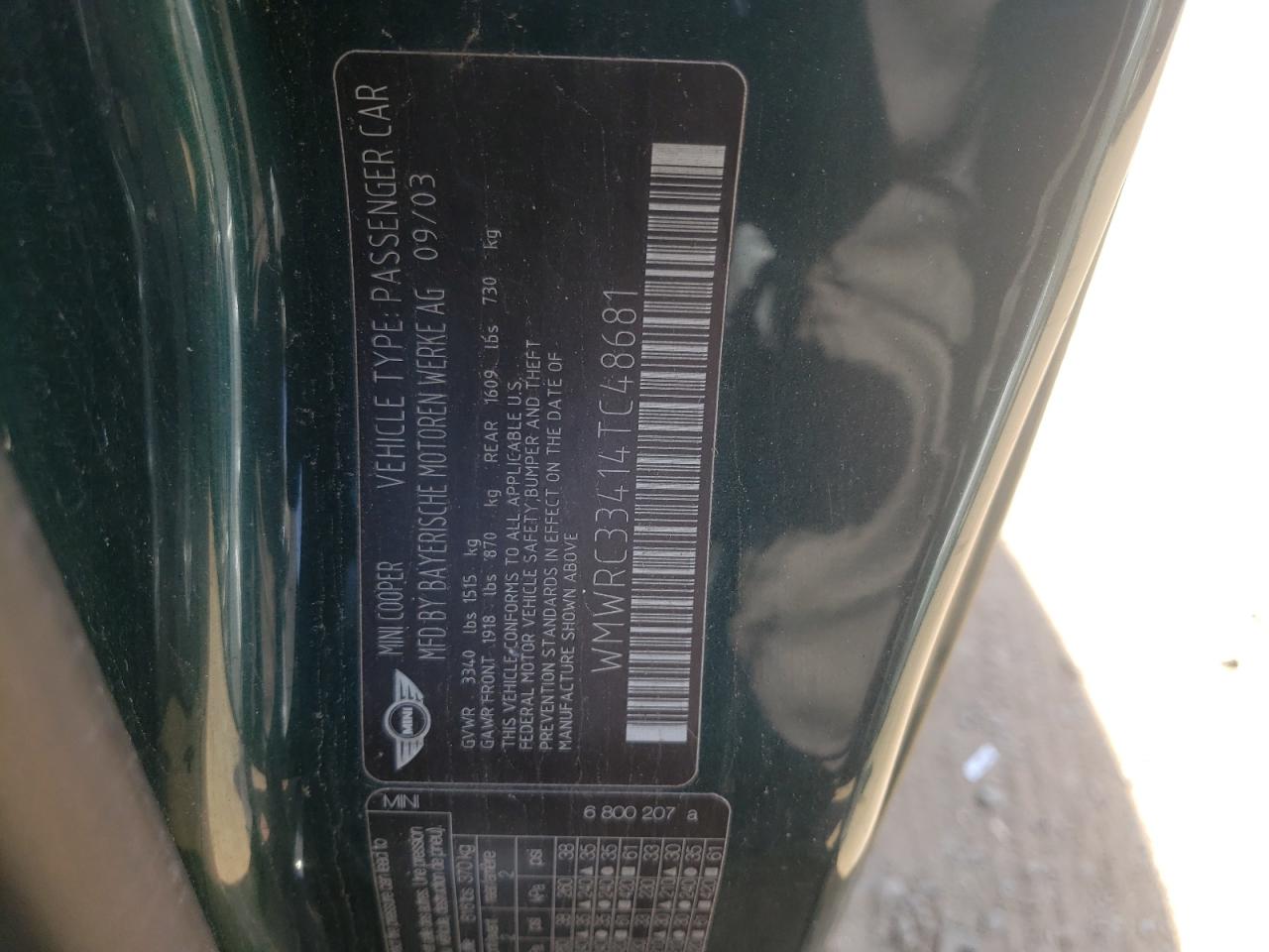 Photo 10 from auction – 2004 MINI COOPER with VIN WMWRC33414TC48681