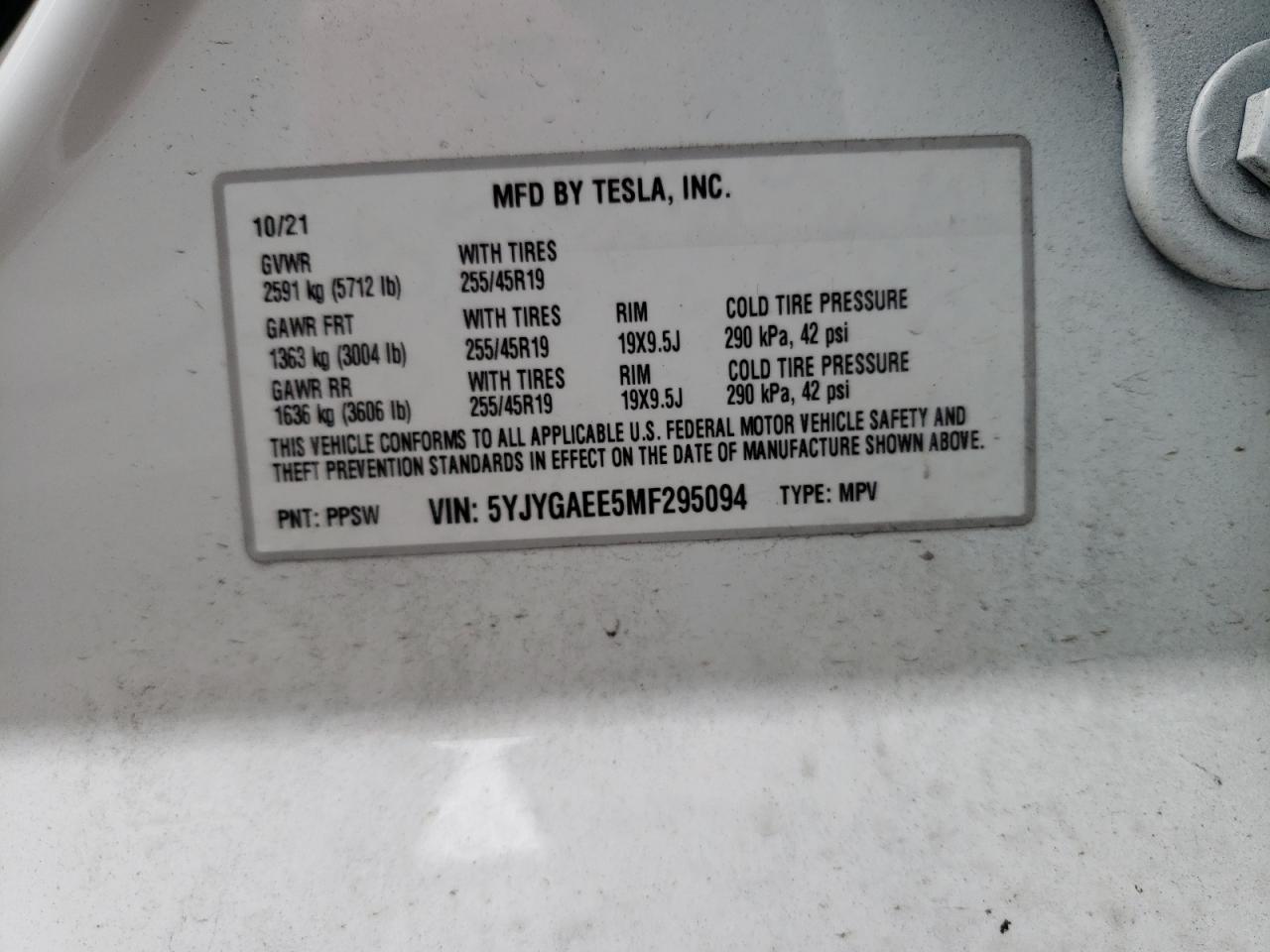 Photo 10 from auction – 2021 TESLA MODEL Y with VIN 5YJYGAEE5MF295094