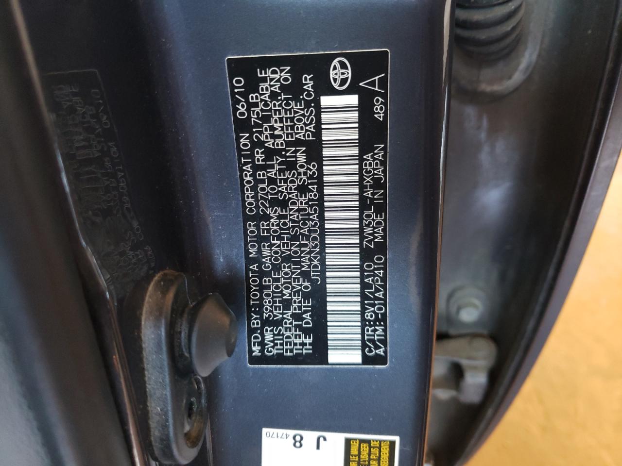 Photo 10 from auction – 2010 TOYOTA PRIUS with VIN JTDKN3DU3A5184136