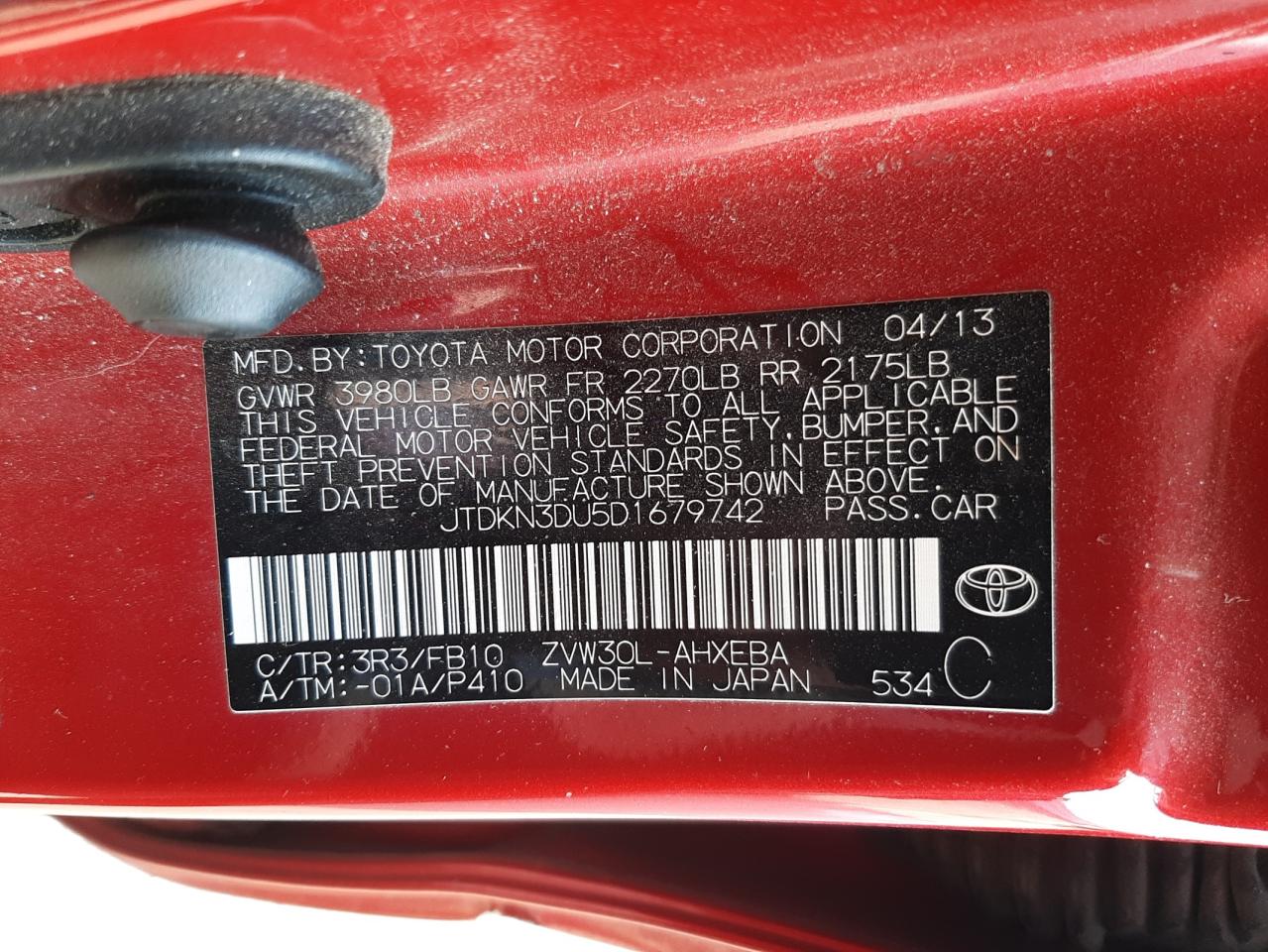 Photo 10 from auction – 2013 TOYOTA PRIUS with VIN JTDKN3DU5D1679742