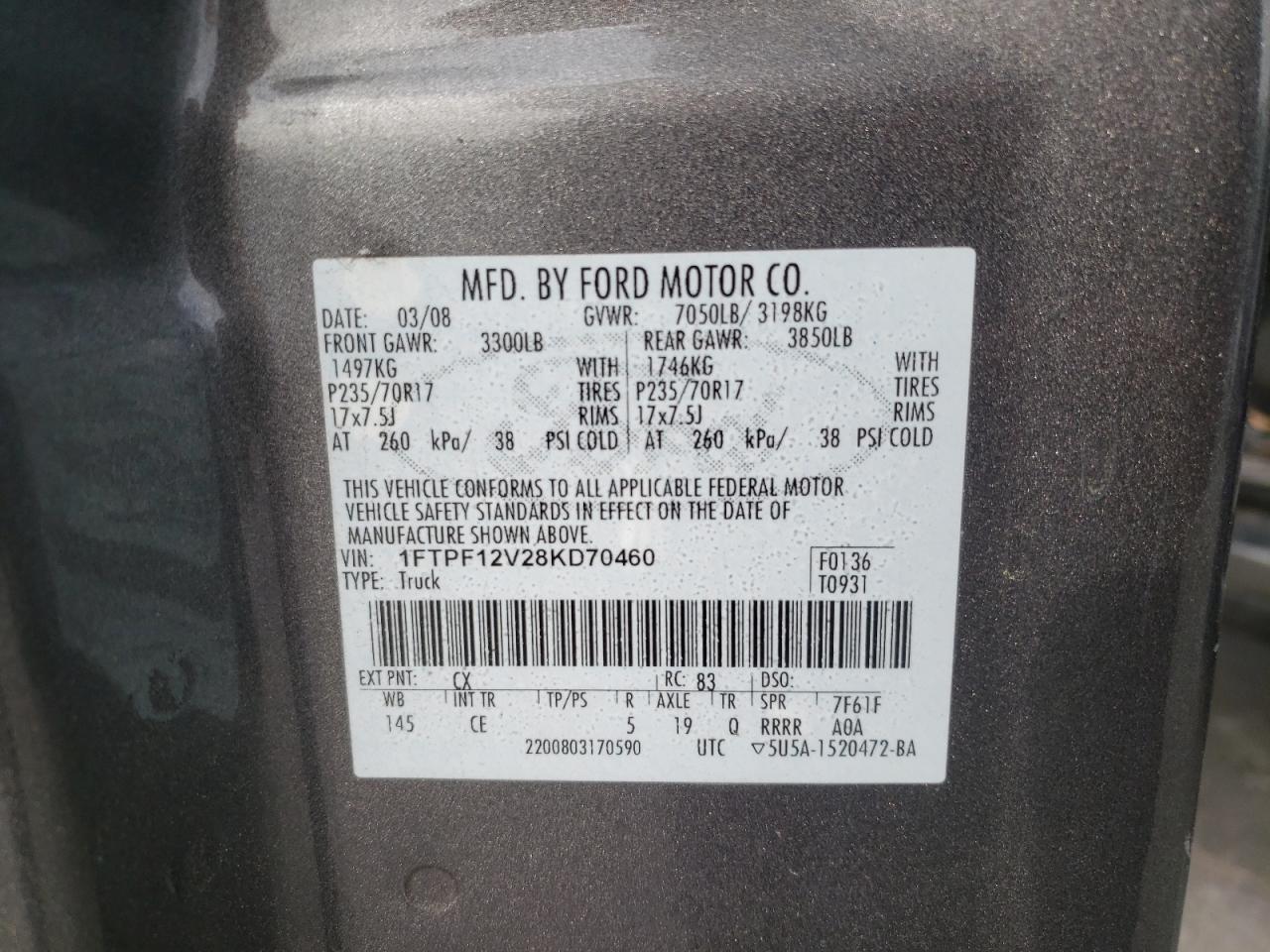 Photo 10 from auction – 2008 FORD F150 with VIN 1FTPF12V28KD70460