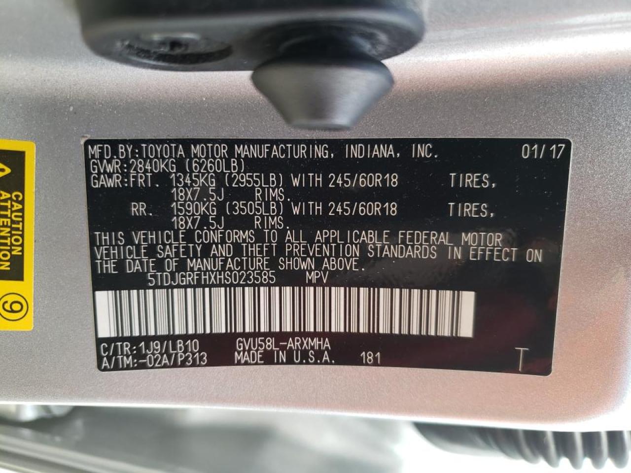 Photo 10 from auction – 2017 TOYOTA HIGHLANDER with VIN 5TDJGRFHXHS023585