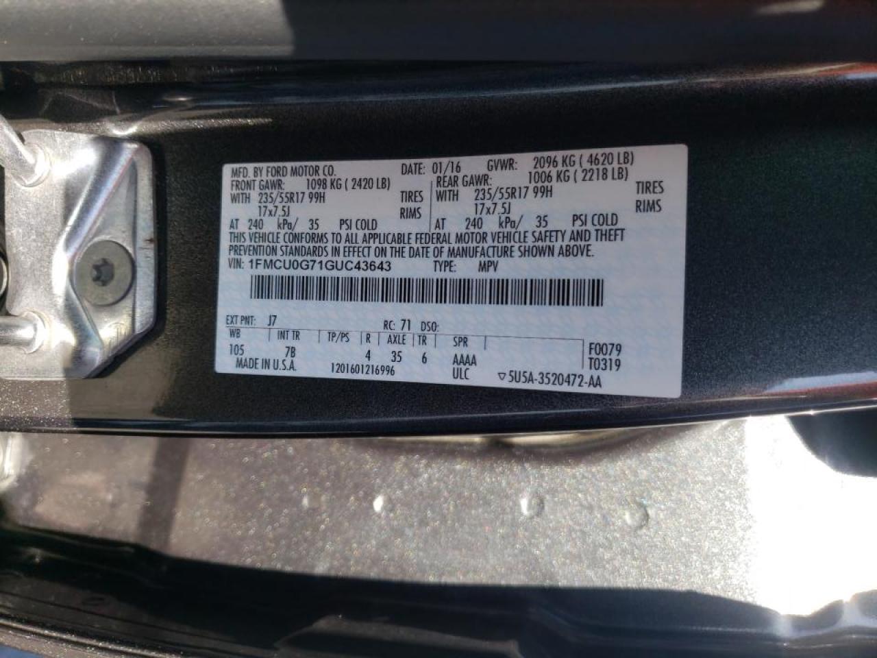 Photo 10 from auction – 2016 FORD ESCAPE with VIN 1FMCU0G71GUC43643