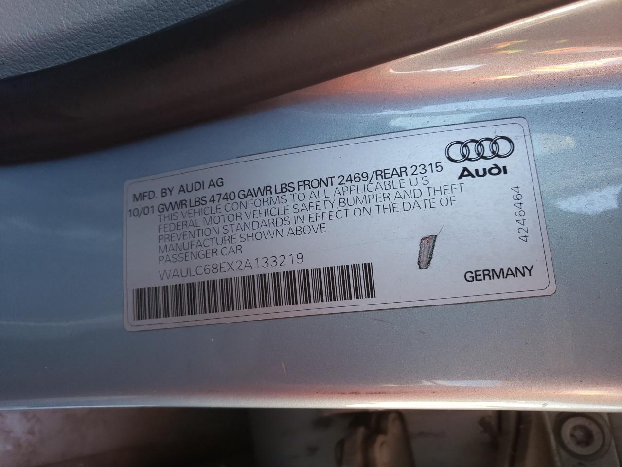 Photo 10 from auction – 2002 AUDI A4 1.8T QU with VIN WAULC68EX2A133219