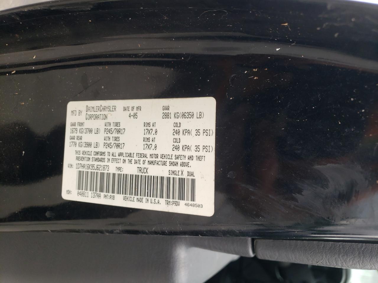 Photo 10 from auction – 2005 DODGE RAM 1500 S with VIN 1D7HA16K95J621873