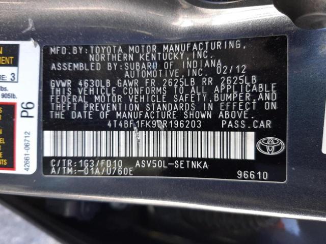 Photo 10 from auction – 2012 TOYOTA CAMRY BASE with VIN 4T4BF1FK9CR196203