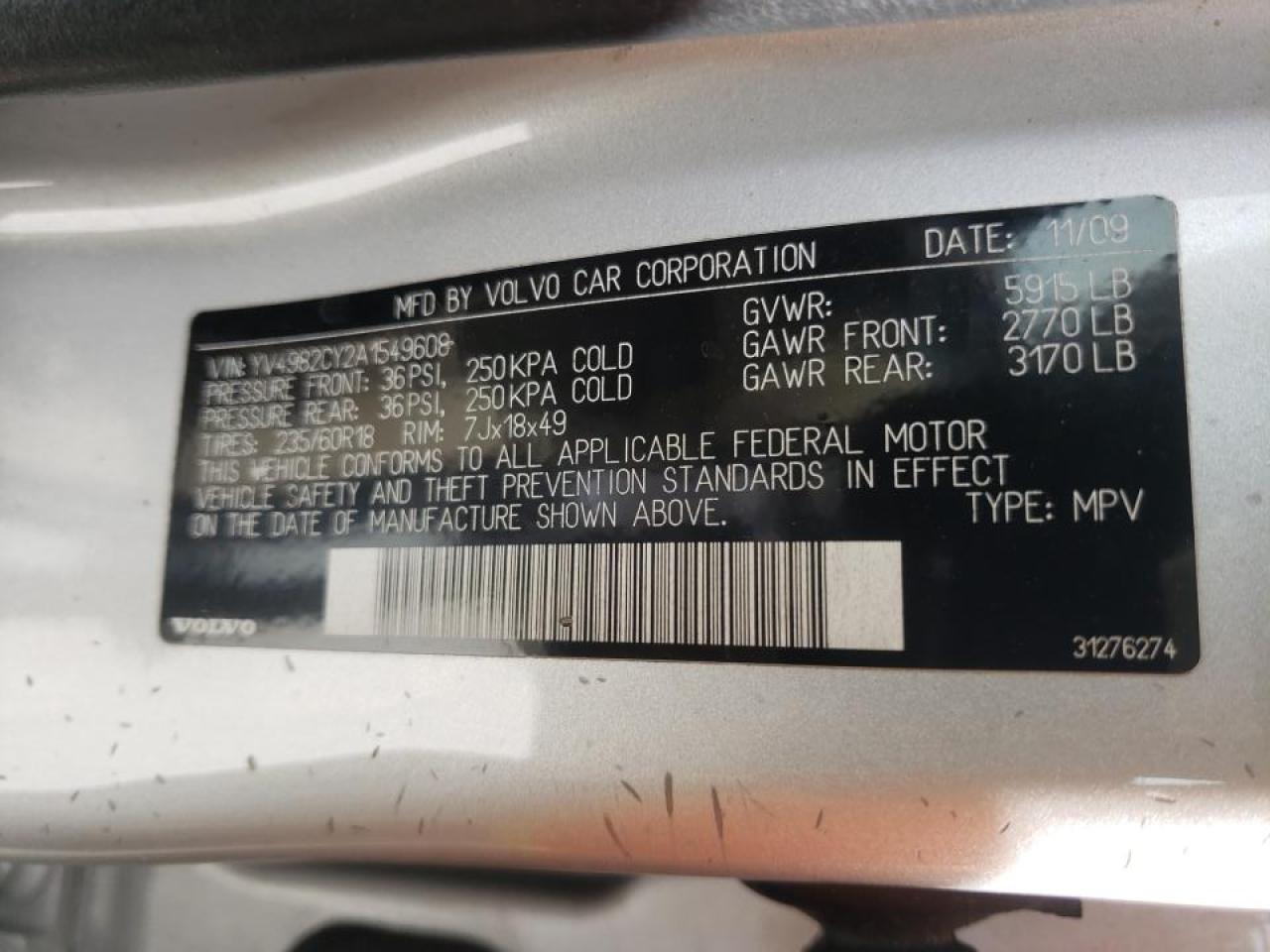 Photo 10 from auction – 2010 VOLVO XC90 3.2 with VIN YV4982CY2A1549608