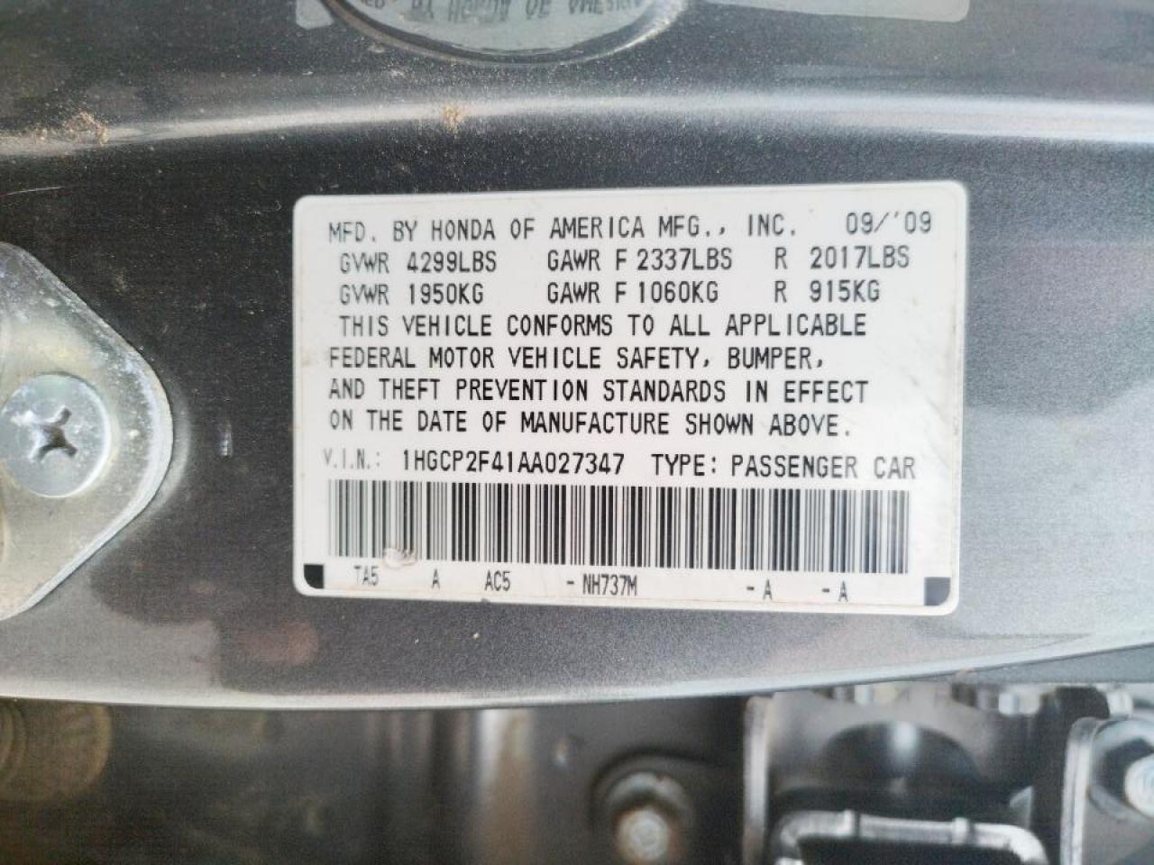 Photo 10 from auction – 2010 HONDA ACCORD LXP with VIN 1HGCP2F41AA027347