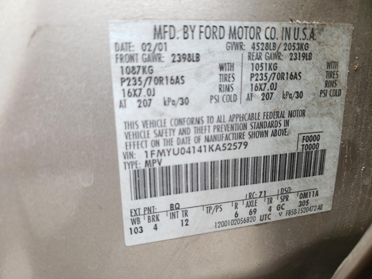 Photo 10 from auction – 2001 FORD ESCAPE XLT with VIN 1FMYU04141KA52579