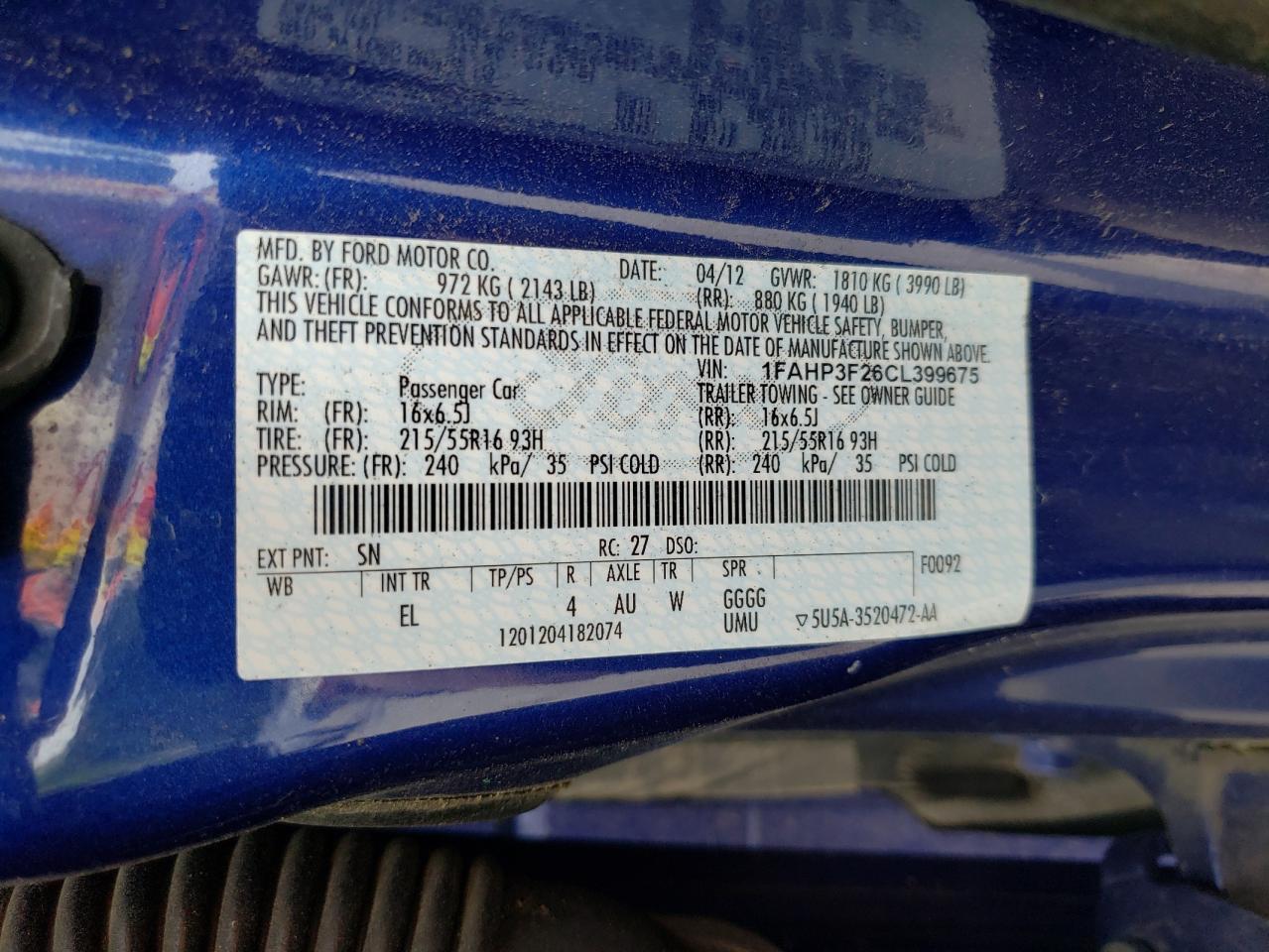 Photo 10 from auction – 2012 FORD FOCUS SE with VIN 1FAHP3F26CL399675