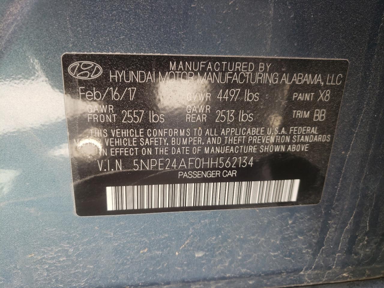Photo 10 from auction – 2017 HYUNDAI SONATA SE with VIN 5NPE24AF0HH562134