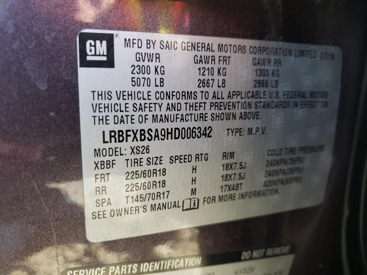 Photo 10 from auction – 2017 BUICK ENVISION E with VIN LRBFXBSA9HD006342