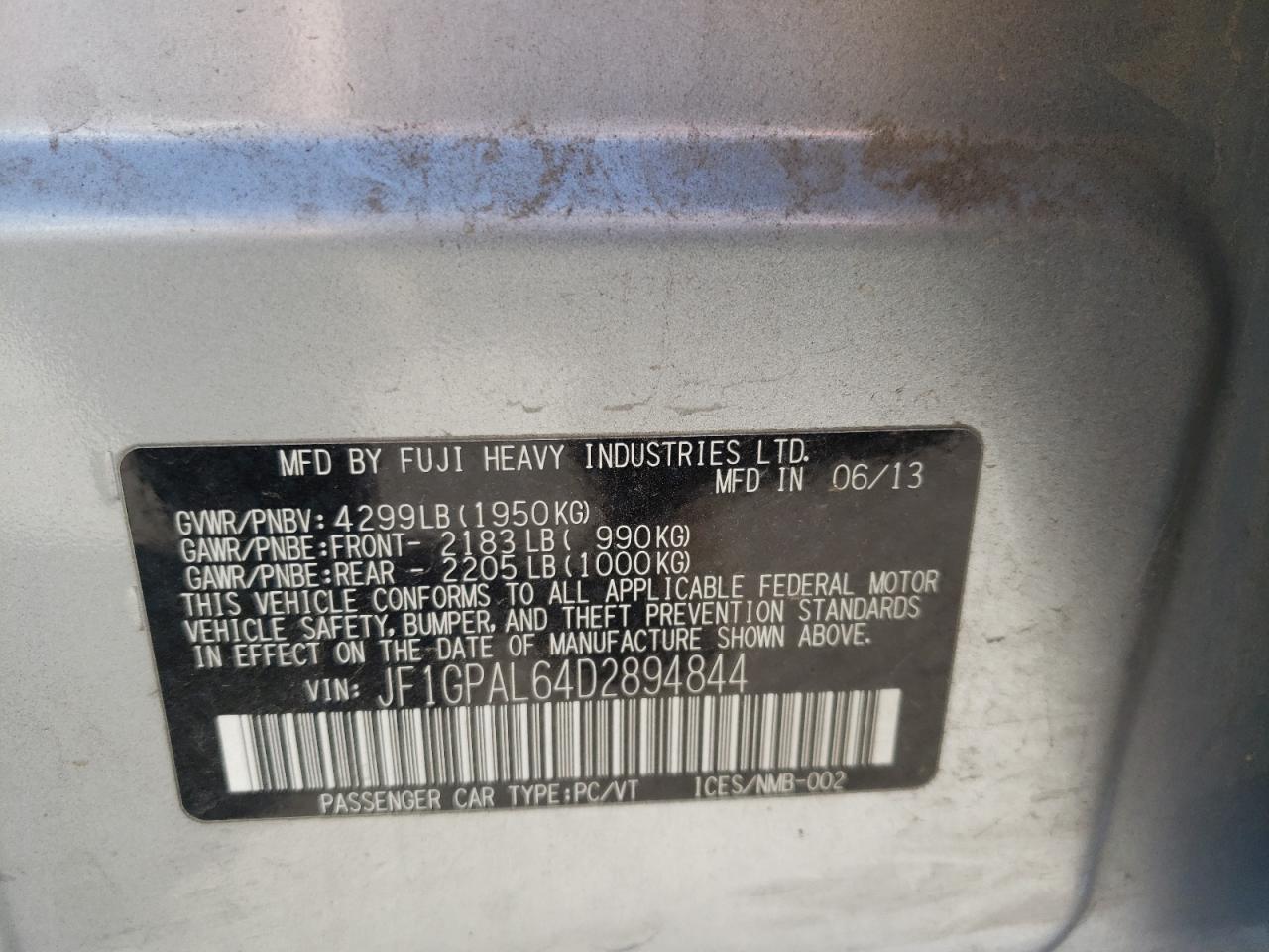 Photo 10 from auction – 2013 SUBARU IMPREZA SP with VIN JF1GPAL64D2894844
