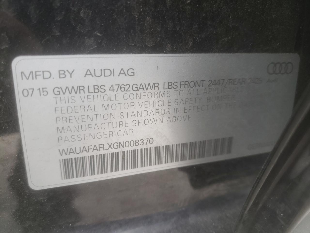 Photo 10 from auction – 2016 AUDI A4 PREMIUM with VIN WAUAFAFLXGN008370
