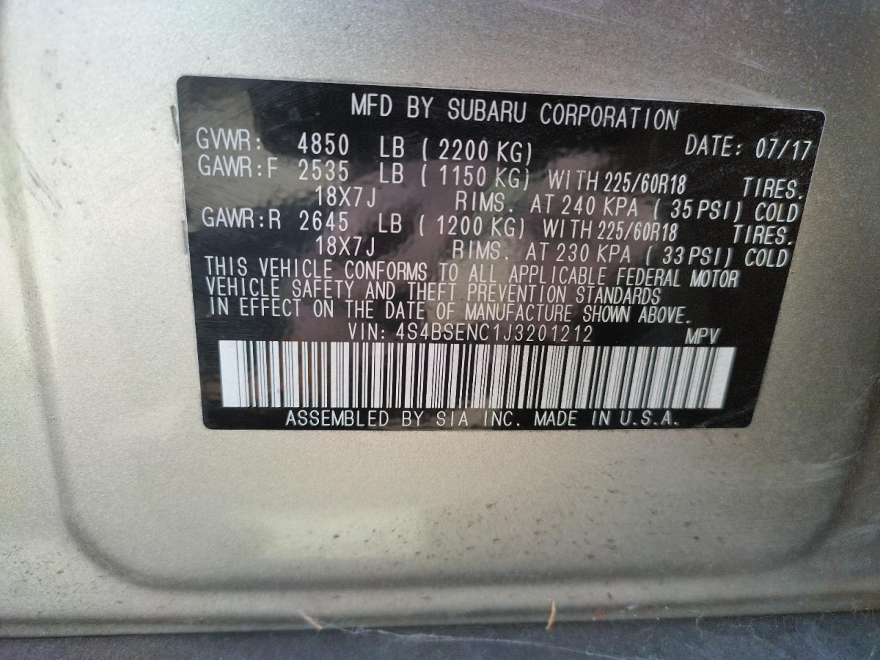 Photo 10 from auction – 2018 SUBARU OUTBACK 3. with VIN 4S4BSENC1J3201212