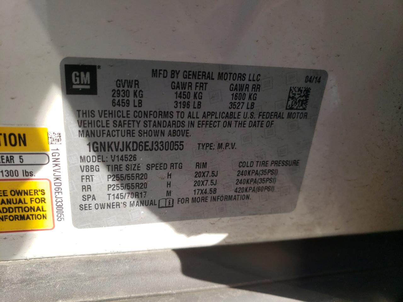 Photo 10 from auction – 2014 CHEVROLET TRAVERSE L with VIN 1GNKVJKD6EJ330055