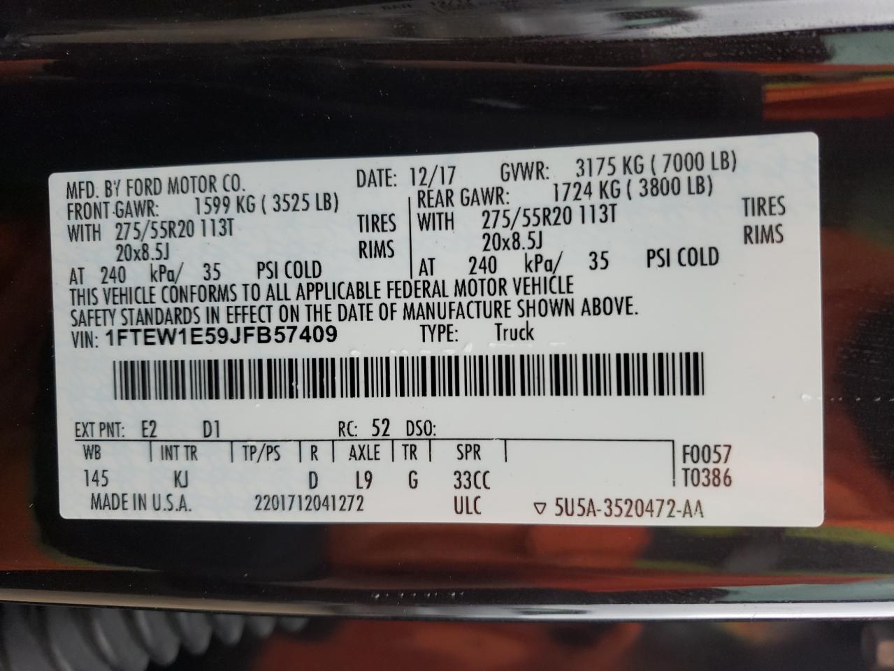 Photo 10 from auction – 2018 FORD F150 SUPER with VIN 1FTEW1E59JFB57409