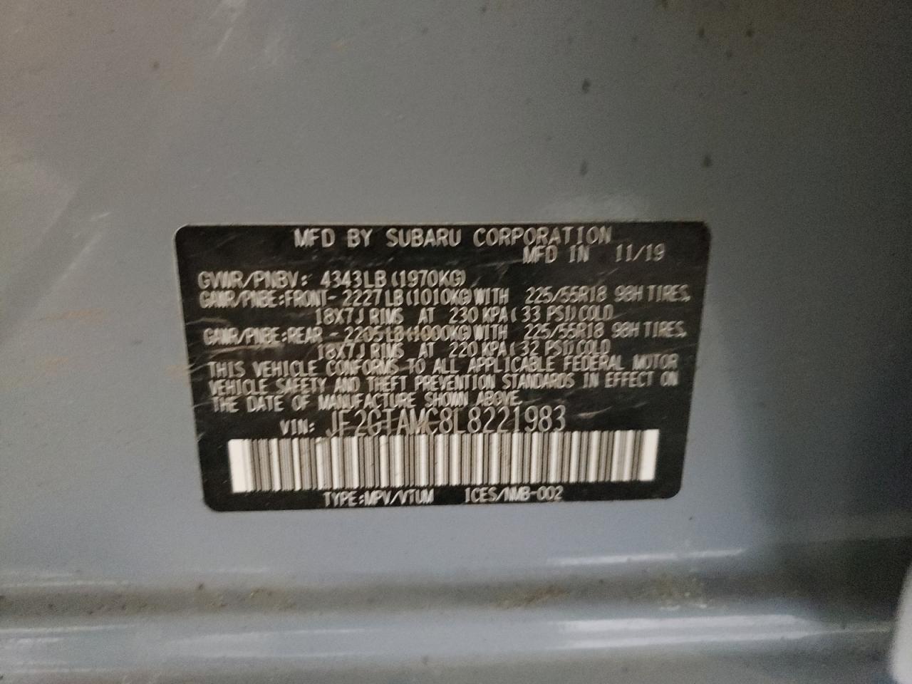 Photo 10 from auction – 2020 SUBARU CROSSTREK with VIN JF2GTAMC8L8221983