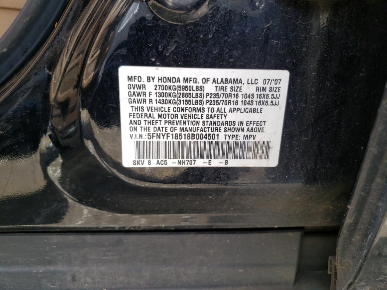 صورة رقم 10 من المزاد - 2008 HONDA PILOT EXL مع VIN 5FNYF18518B004501