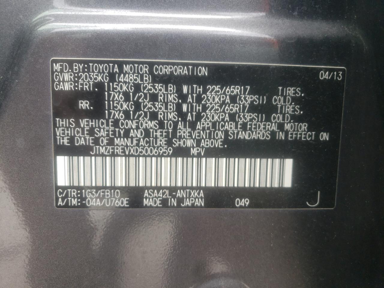 Photo 10 from auction – 2013 TOYOTA RAV4 LE with VIN JTMZFREVXD5006959