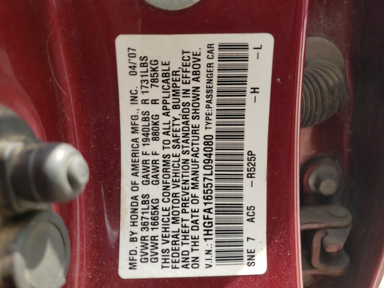 Photo 10 from auction – 2007 HONDA CIVIC LX with VIN 1HGFA16557L094080