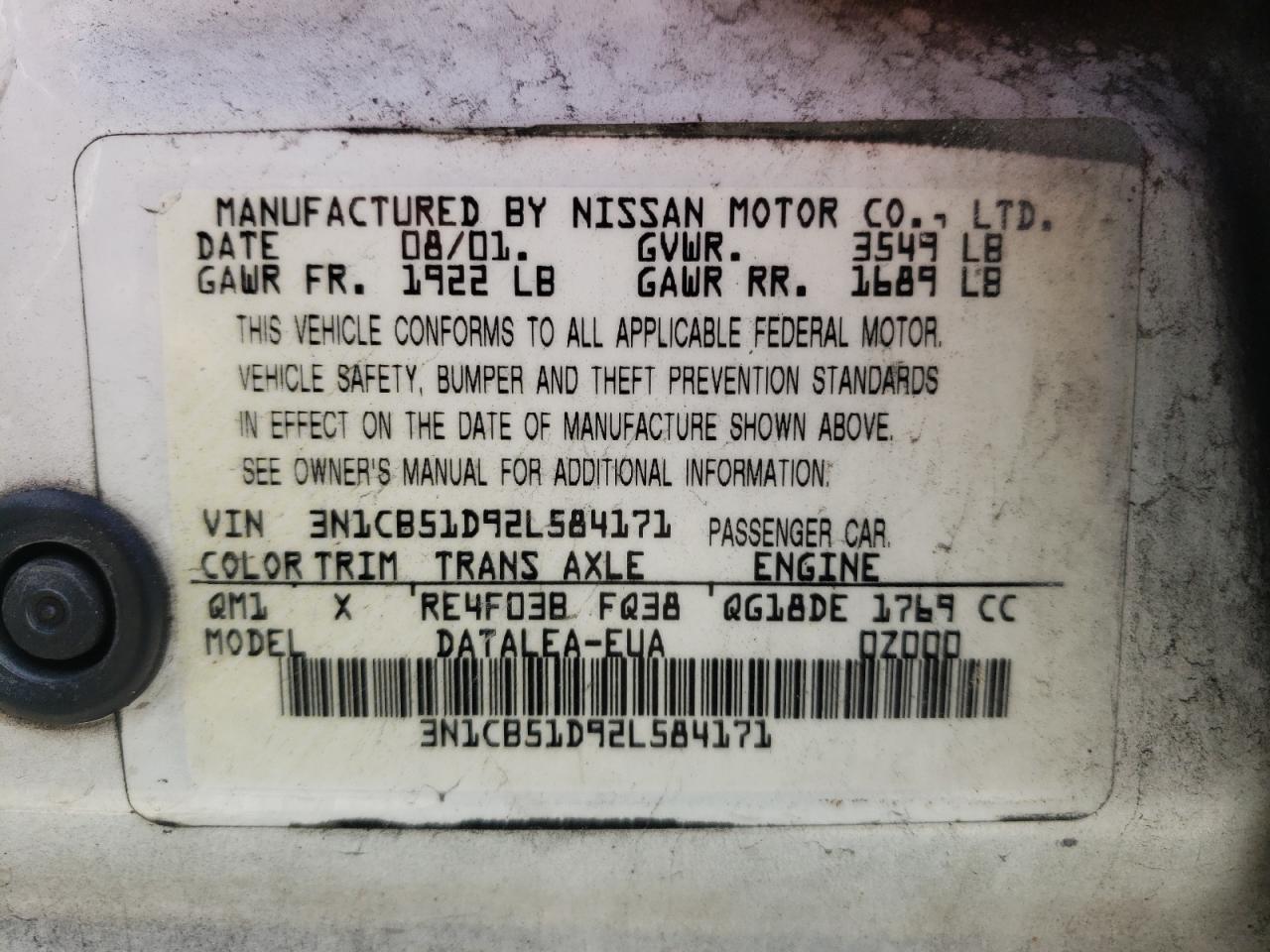 Photo 10 from auction – 2002 NISSAN SENTRA XE with VIN 3N1CB51D92L584171