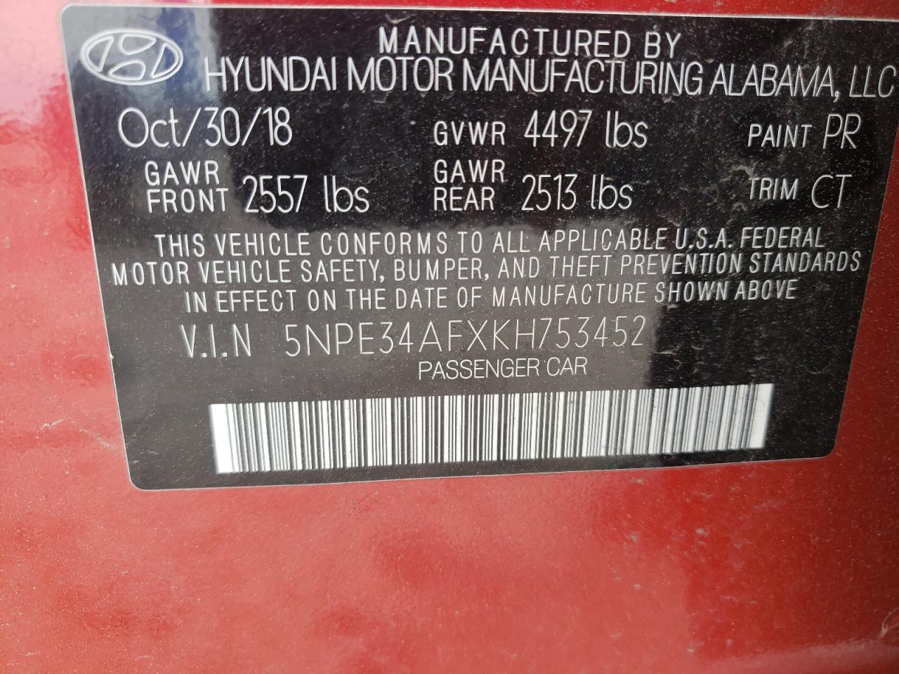 Photo 10 from auction – 2019 HYUNDAI SONATA LIM with VIN 5NPE34AFXKH753452