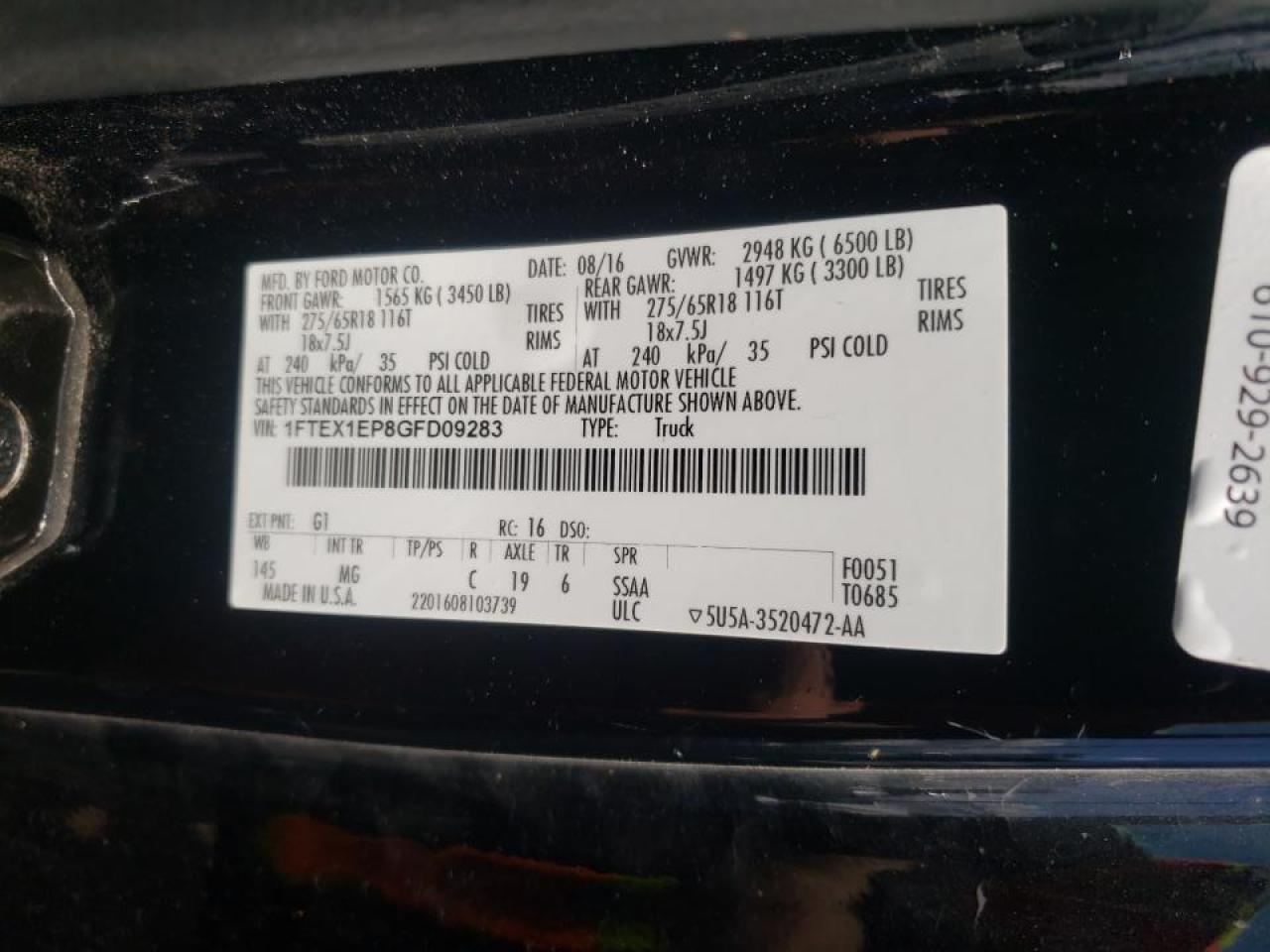 Photo 10 from auction – 2016 FORD F150 SUPER with VIN 1FTEX1EP8GFD09283