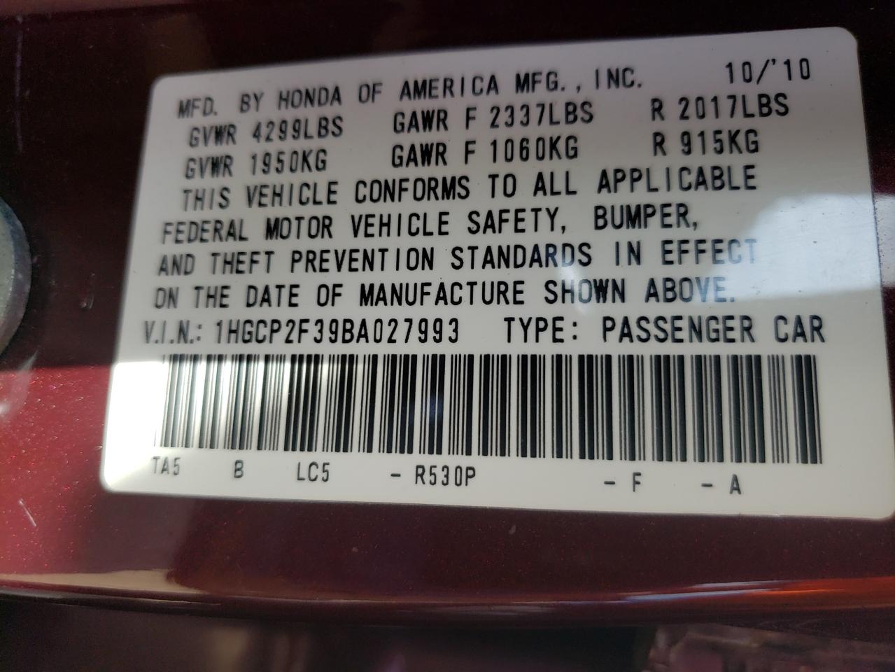 Photo 10 from auction – 2011 HONDA ACCORD with VIN 1HGCP2F39BA027993