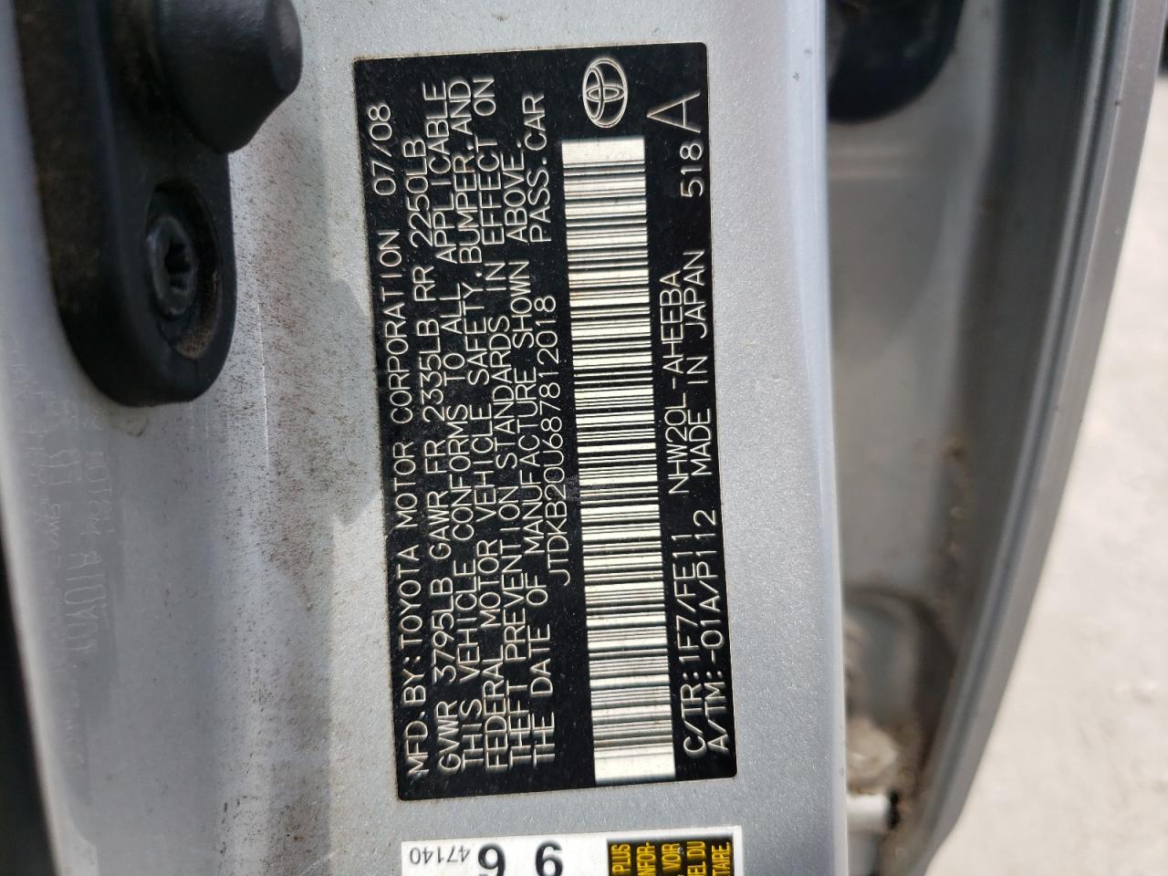 Photo 10 from auction – 2008 TOYOTA PRIUS with VIN JTDKB20U687812018
