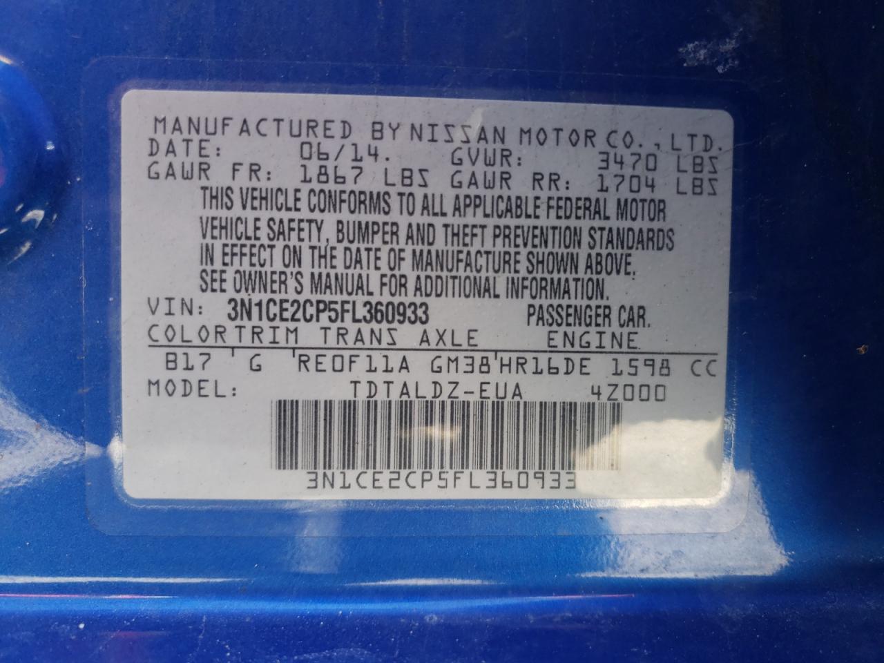 Photo 10 from auction – 2015 NISSAN VERSA NOTE with VIN 3N1CE2CP5FL360933
