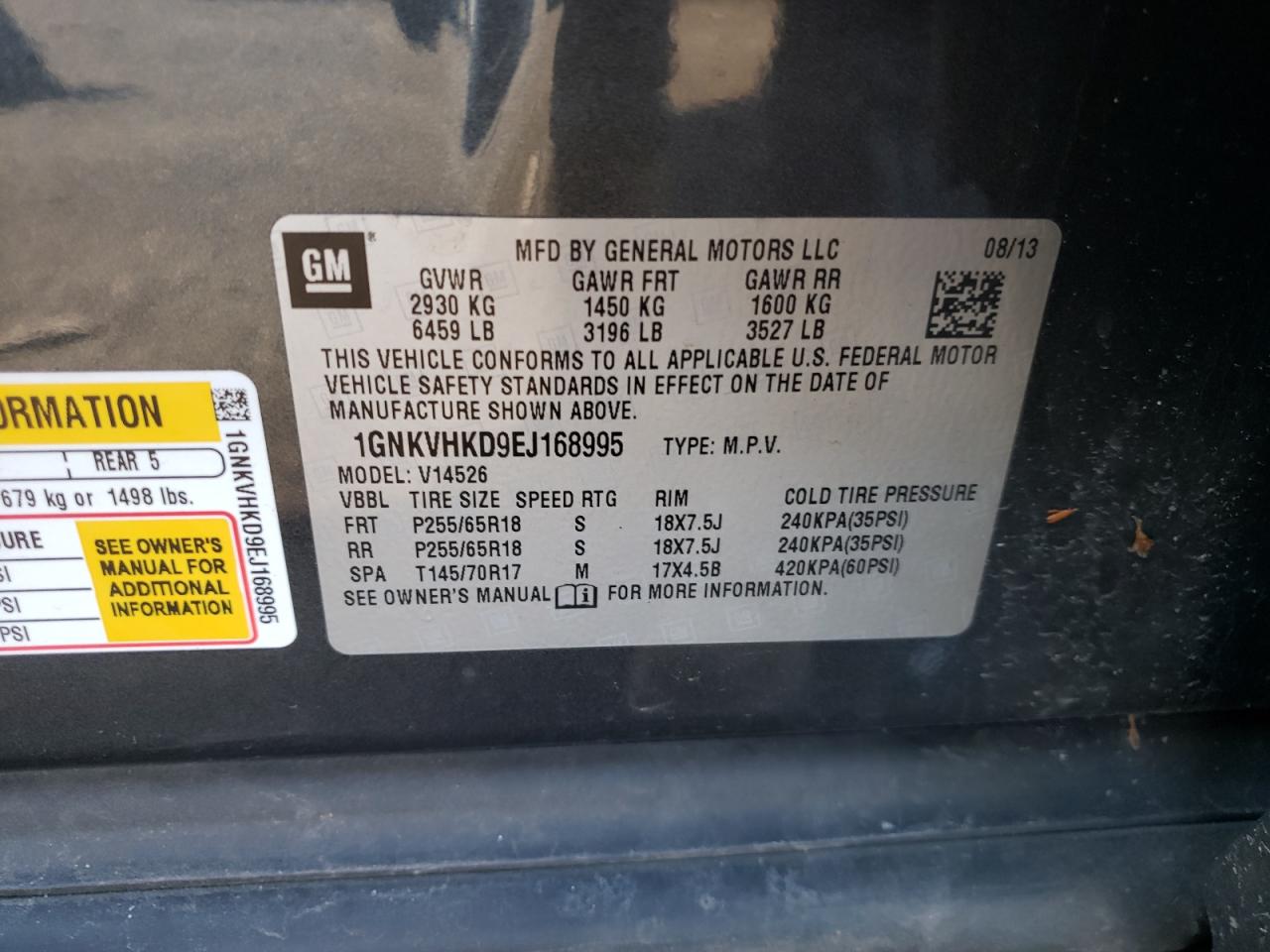 Photo 10 from auction – 2014 CHEVROLET TRAVERSE with VIN 1GNKVHKD9EJ168995